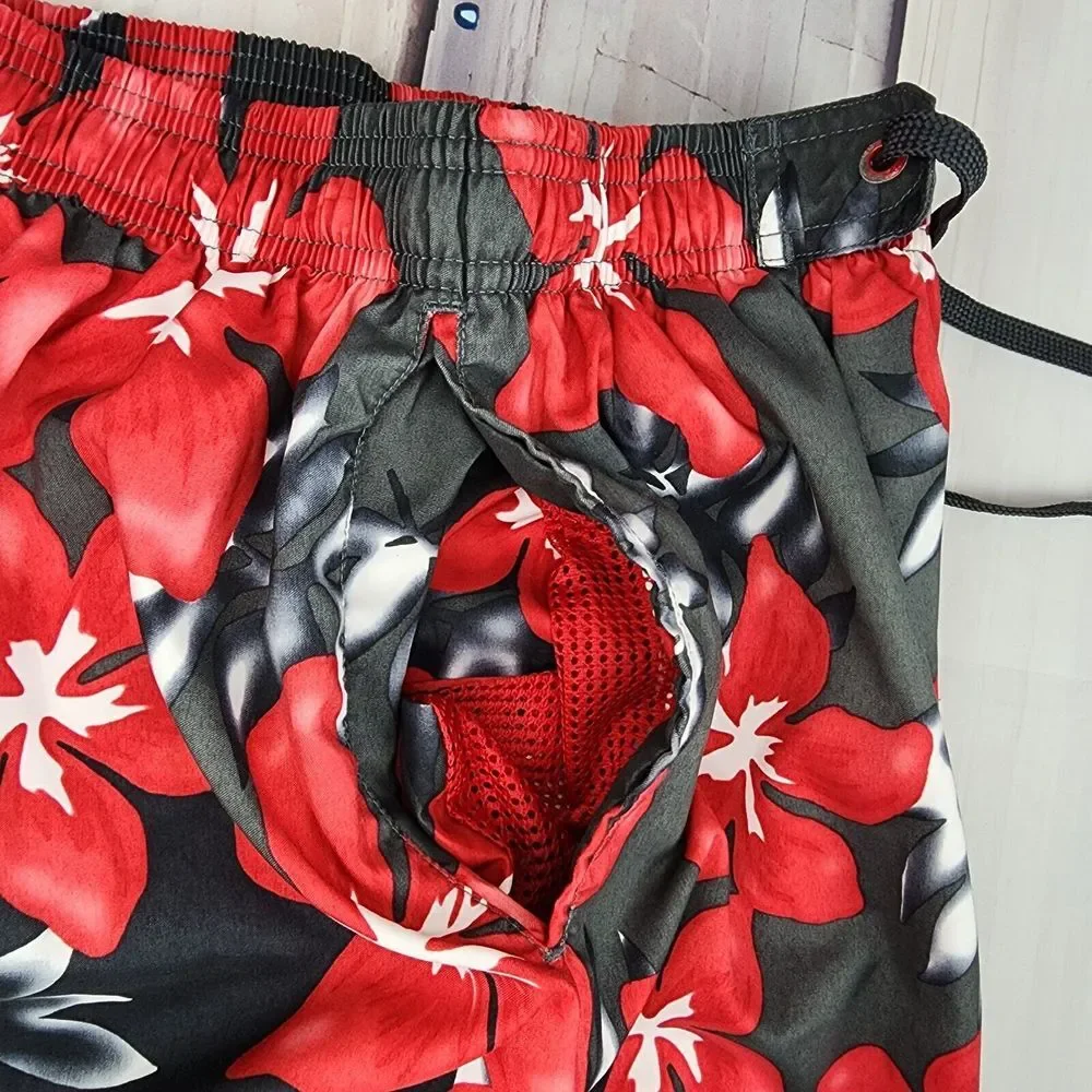 Speedo Mens M Lined Swim Trunks Black and Red Hawaiian Flower Boardshort Pockets